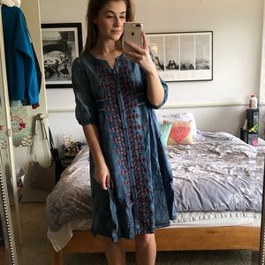 Blue Embroidered Button-Front Midi Dress